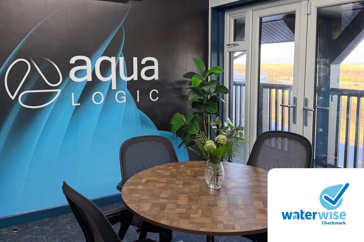 Inside Aqualogic's Tŷ Dŵr office in Cowbridge, with the Waterwise UK logo